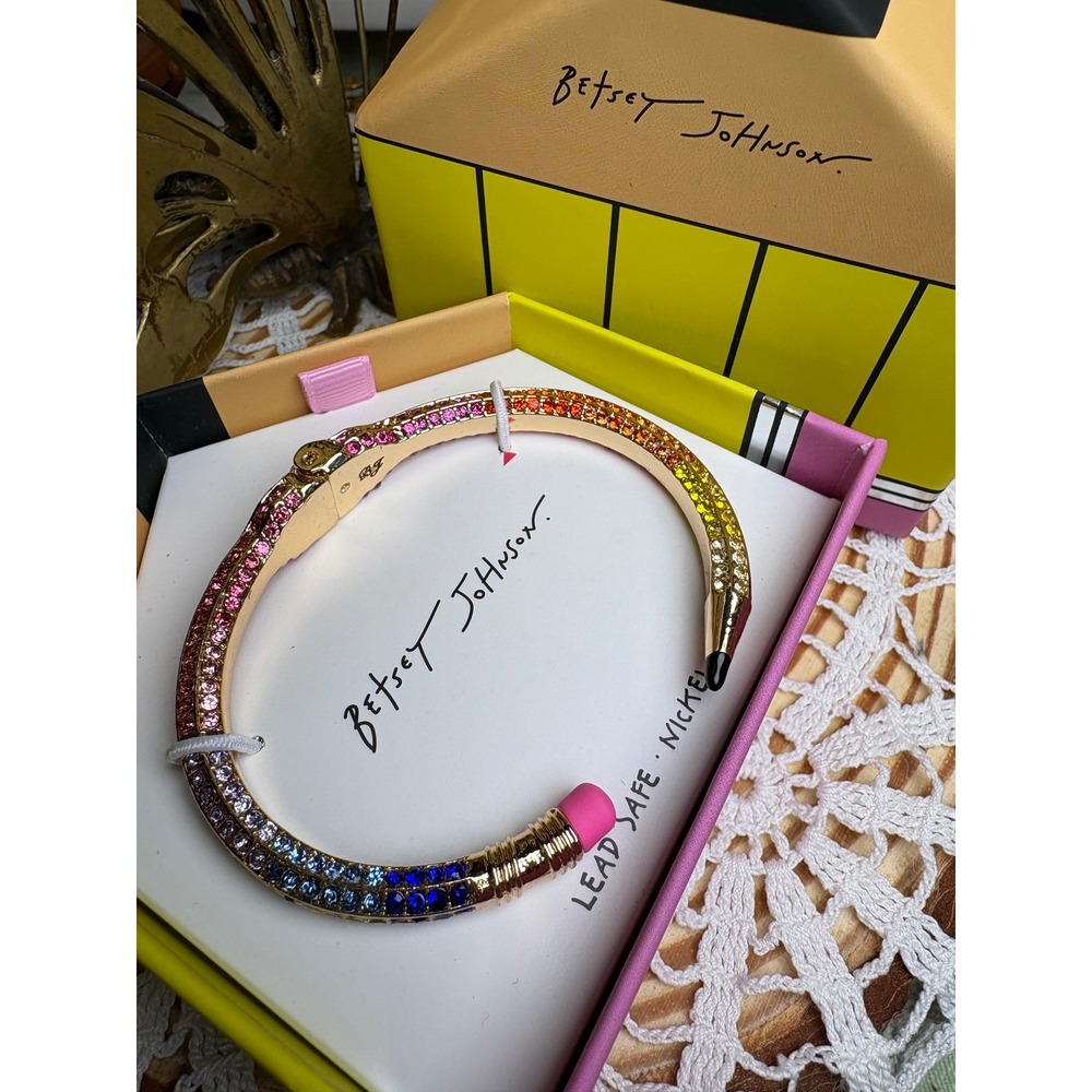 Betsey Johnson Pencil Clamp Bangle Bracelet Kitsch Schoolcore Rainbow Rhinestone